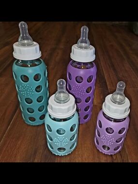 Lifefactory Glass Baby Bottle Set with Silicone Sleeve Teal & Purple 4oz & 8oz